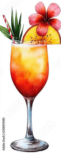 Vibrant Tropical Cocktail with Fruits and Decorative Flower Elements