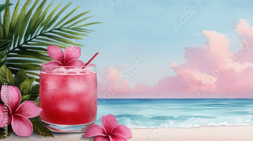 Refreshing Tropical Drink by the Beach with Palm Leaves and Flowers