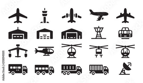 Fotografía Transportation icon set, airplane control tower cargo hangar train helicopter truck bus vector silhouette illustration