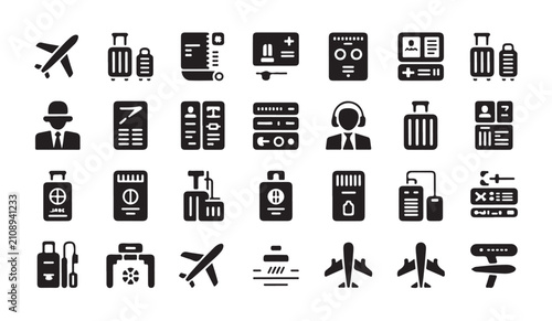 Foto Collection of airport and travel related icons including airplanes, luggage, passports, and staff