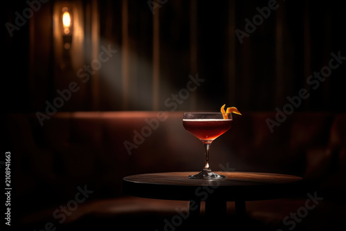 Classic Cocktail with Citrus Twist on Table in Dimly Lit Bar