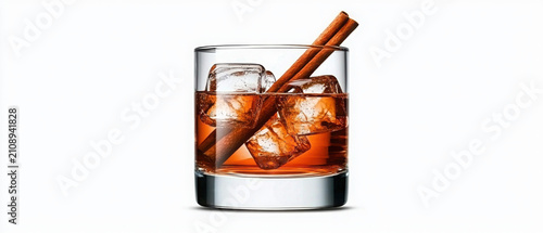 Refreshing drink with ice and cinnamon sticks in a clear glass