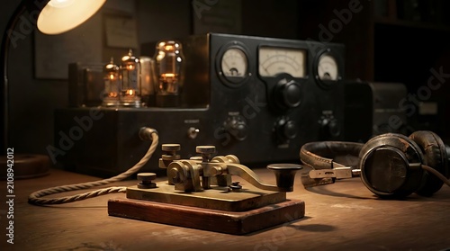 Vintage Radio Equipment: A still life composition featuring antique radio equipment, including vacuum tubes, a telegraph key, and headphones, bathed in the warm glow of a desk lamp.