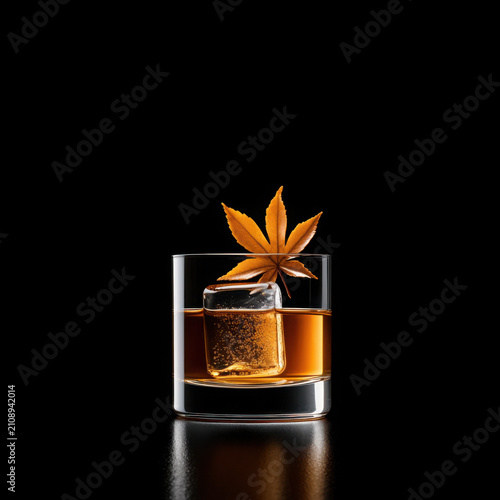 Elegant Glass of Amber Alcohol with Ice and Maple Leaf Decoration