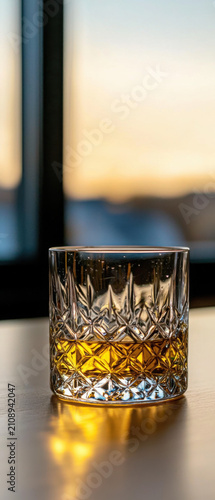 Crystal whiskey glass with golden drink and sunset backdrop