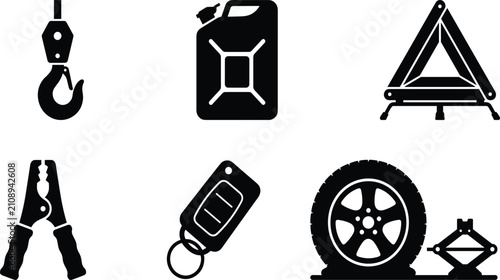 Bild auf Leinwand Roadside assistance and car emergency breakdown solid icon set representing towi