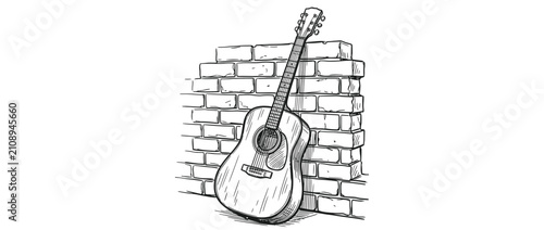 Acoustic guitar leaning against a sketched brick wall