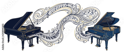 Obraz na płótnie Elegant Grand Pianos with Musical Notes Swirl