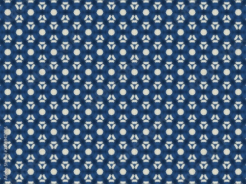 Blue fabric with white geometric patterns. Repeating design feels clean and modern. Ideal for fashion, interior, or textile projects. Subtle texture adds depth without distraction