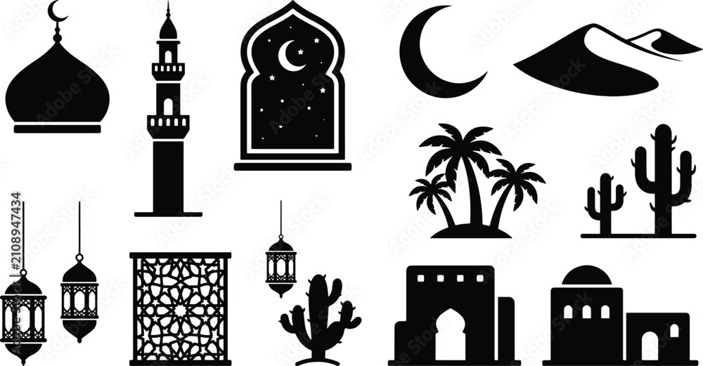 Naklejka premium Islamic culture and middle eastern landscape icons with landscape crescent architecture building religion tradition silhouette ornament religious celebration isolated