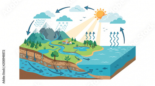 Water Cycle Educational Diagram with Groundwater and Surface Runoff