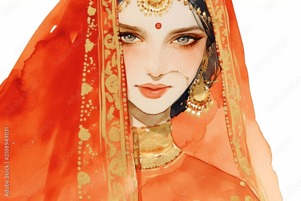 Fototapeta premium Portrait of beautiful Indian woman wearing traditional red wedding veil and gold jewelry. Watercolor painting of elegant lady with bindi for One Thousand and One Nights fairytale theme.