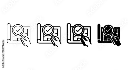 Blueprint Magnifier Check Icons, Architectural Plan Search Symbols, Hand Holding Magnifying Glass Vector Set