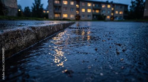 Candid rain reflections outside quiet homes AI generated