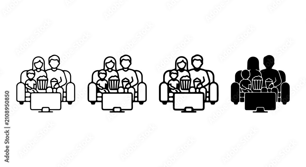 Fototapeta premium Family Watching TV Icons, Couch Entertainment Set, Home Leisure Vector Graphics