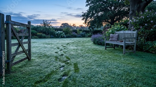 Candid dawn footprints toward quiet bench AI generated
