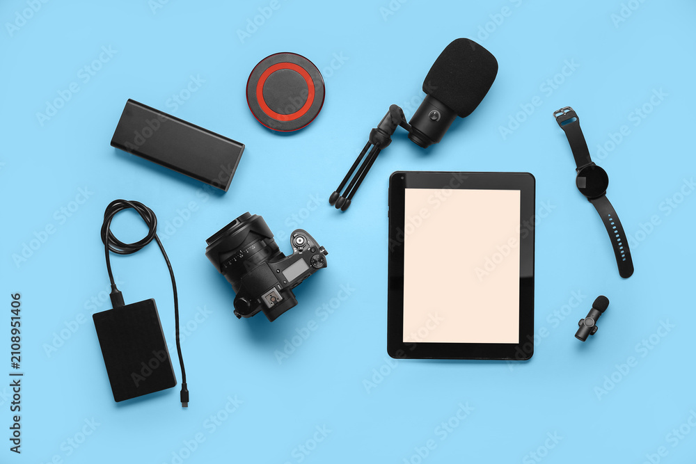 Fototapeta premium Composition with different devices on color background