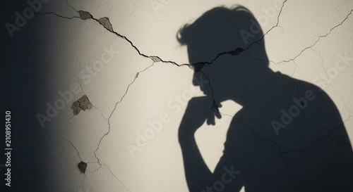Silhouette of a pensive man thinking against a cracked wall background.