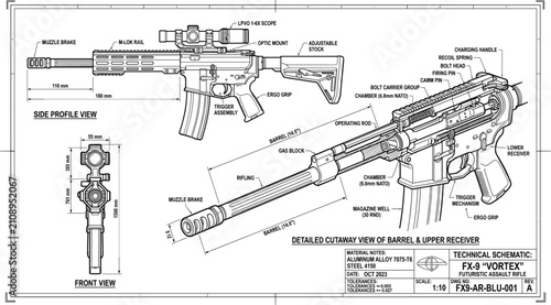 Foto Futuristic assault rifle blueprint diagram featuring side profile view front ang