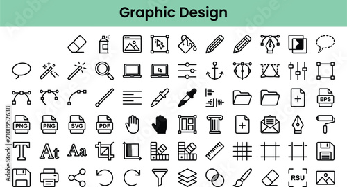 Bild auf Leinwand Graphic design toolkit line icons mega set featuring vector paths software file