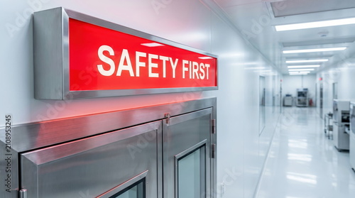 Safety first sign glowing in red above steel doors in clean sterile laboratory hallway, industrial safety compliance concept.