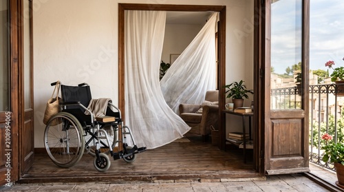 Candid open balcony beside mobility chair AI generated