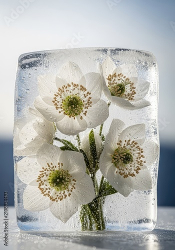 Ethereal white flowers encased in solid clear ice, revealing intricate textures and frozen droplets under a soft, wintry natural light source, light, reflection, fragile