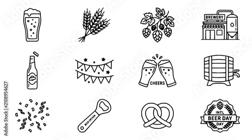 Beer Icons Set: Brewery, Hops, Wheat, Bottle, Glass, Barrel, Pretzel, Celebration