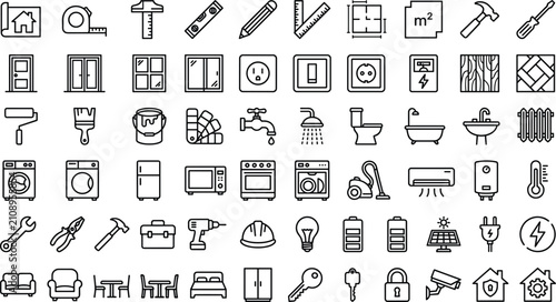 Home renovation and household appliance line icon mega set featuring construction tools plumbing plumbing and furniture vectors
