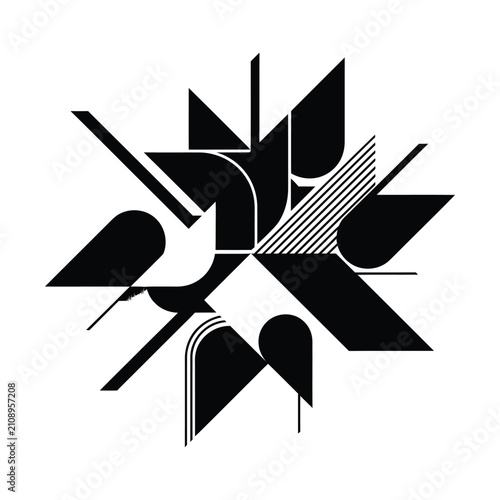 Minimalist geometric star vector illustration, abstract black and white radial shape with sharp lines and curves, modern brutalist graphic element for logo design and branding