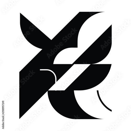 Minimalist abstract geometric logo icon, black and white modern vector graphic, sharp angular shapes with curved elements, contemporary branding symbol for creative identity