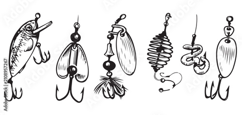 Fotografie Hand Drawn Fishing Lures Set – Vintage Black and White Bait Collection vector il