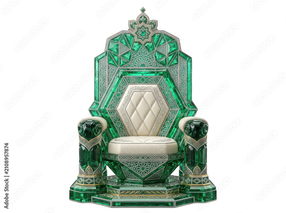Obraz premium Ornate emerald and silver throne with quilted white upholstery luxurious furniture monarchy