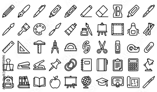 Quadro su tela Stationery and school supplies line icons set black and white vector