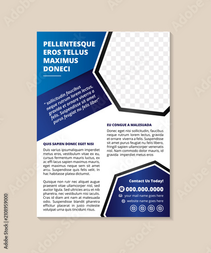 Blue and black Shape elemet of flyer brochure template. diagonal hexagon space for photo. vertical layout with text space.