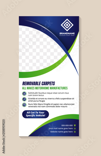 removable carpet Roll up standee cover page template for business promotion. curve shape for photo space. combination green and blue gradient isolated on white background. vertical illustration layout