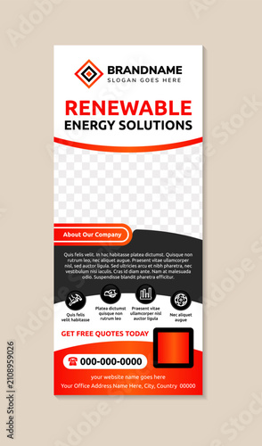 renewable energy solutions roll up banner template design. go green save energy leaflet template. solar energy poster template with space for photo. vertical layout and infographic elements. 