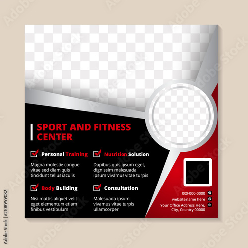 This sport and fitness center social Media Post Template is well organized. All main elements are editable and customizable. space for photo collage with shadow effect. 