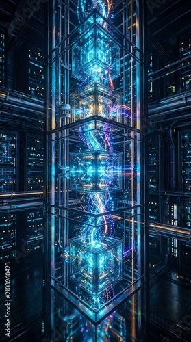 Advanced data center featuring illuminated circuitry and dynamic light designs in a cutting edge technological setting