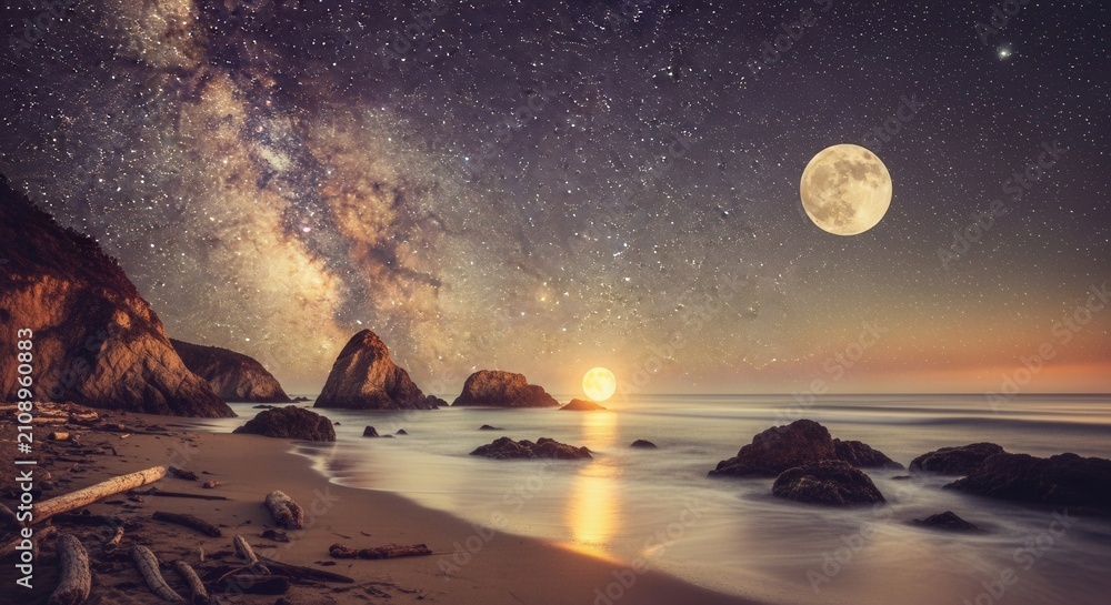 Stunning milky way galaxy over a peaceful rocky beach at night with full moon.