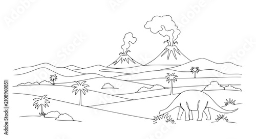 Fotografie Dinosaur landscape with volcanoes, prehistoric scene, line art