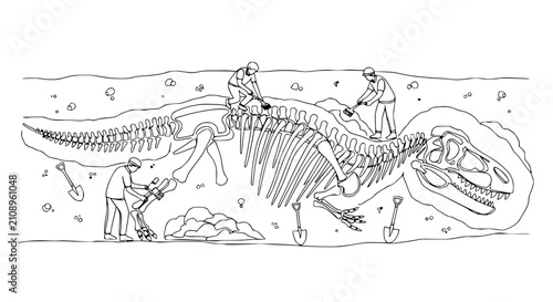 Принти на полотні Paleontologists excavating dinosaur skeleton fossil underground