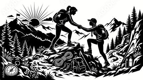 Silhouette of two hikers helping each other climb mountain peak at sunrise with climbing mountain black silhouette