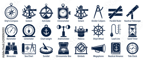 фотографія Nautical navigation tools and instruments set, navy blue icons