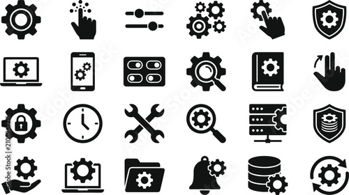 Photos System configuration and software preferences vector glyph icons set representin