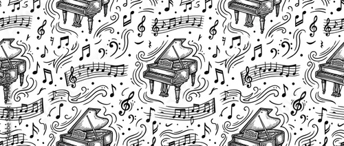 Bild auf Leinwand Hand-drawn Grand Piano and Musical Notes Seamless Pattern