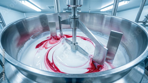 Industrial mixer blending white cosmetic cream with red swirled pigment inside stainless steel vat, cosmetic manufacturing process concept