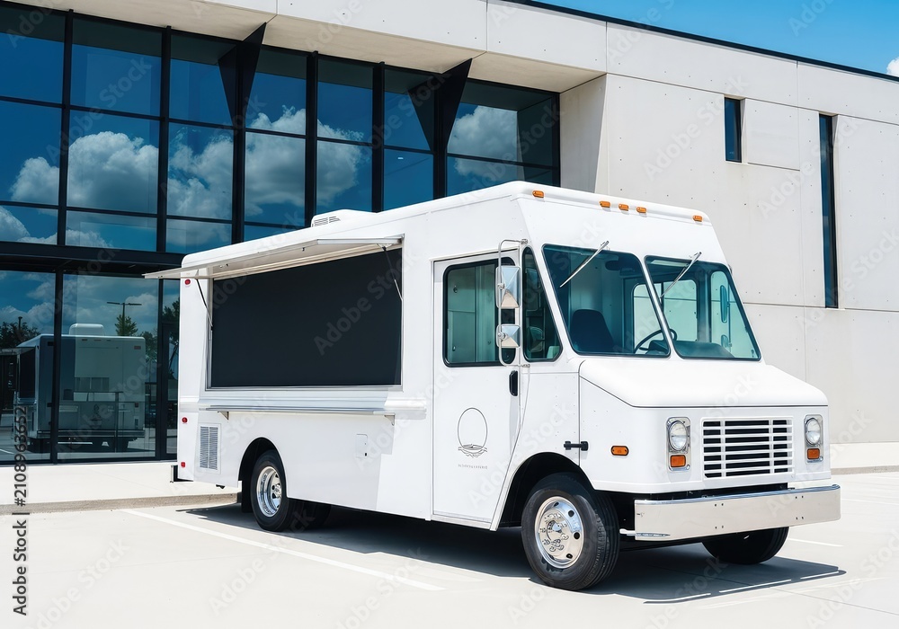 Fototapeta premium A sleek white food truck with a blank menu board stands parked in front of a minimalist modern building featuring large glass windows, service, commercial, day