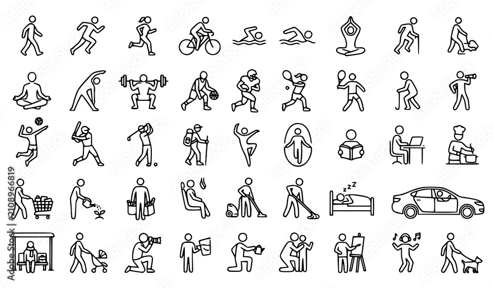Obraz premium Diverse line art icons depicting human activities and lifestyle concepts