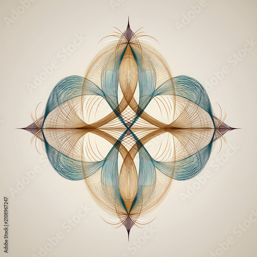 Intricate abstract fractal art with flowing lines and symmetrical patterns in soft beige, blue, and gold tones